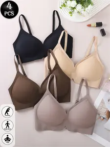 4PCS women's underring-free bra jelly bra everyday underwear seamless comfortable breathable, gathered chest