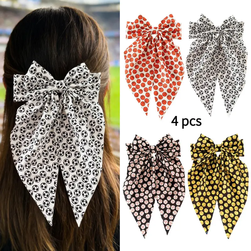 New Sports Style Big Bow Ribbon Hair Clips Soccer Basketball Baseball Print Fabric Spring Hair Barrettes for Games Sports Theme Parties Fans Cheerleading