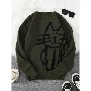 Men’s cartoon cat print drop shoulder sweater, regular fit casual long sleeve crew neck jumper for autumn and winter, fashionable men’s knitwear for everyday wear
