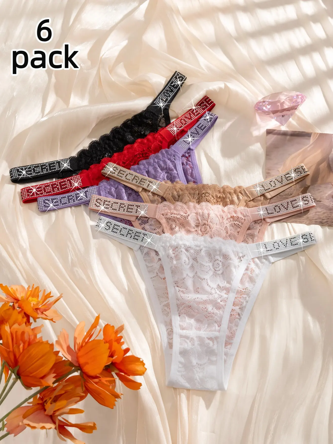 Women's Rhinestone Letter Belted Bikini Underwear, Sheer Sexy Lace Low Waist Briefs, Plain Fashionable All-Seasons, 6 Pcs Set, Bikini Sets, Bikini Bottoms