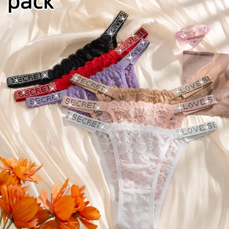 Women's Rhinestone Letter Belted Bikini Underwear, Sheer Sexy Lace Low Waist Briefs, Plain Fashionable All-Seasons, 6 Pcs Set, Rhinestone Accents