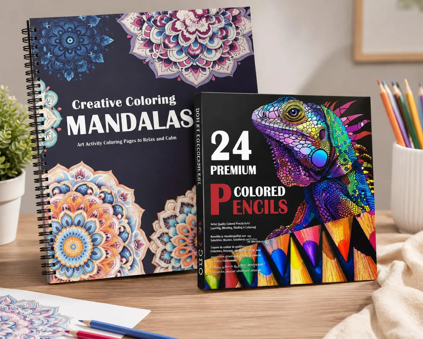 Mandala Coloring Book with 24 Colored Pencils Adult Relaxation Art Kit Gift