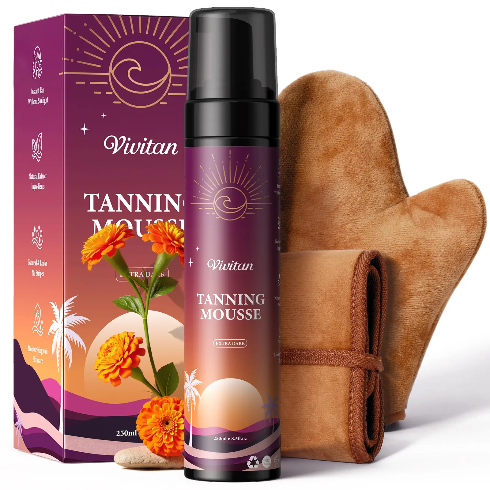 VIVITAN Self Tanner Mousse Kit - 1-Hour Express Tanning with Mitt & Strap | Plant 30% DHA for Long-Lasting Tan | No Orange Tones, Streak-Free & Odorless | Natural Sunless Glow