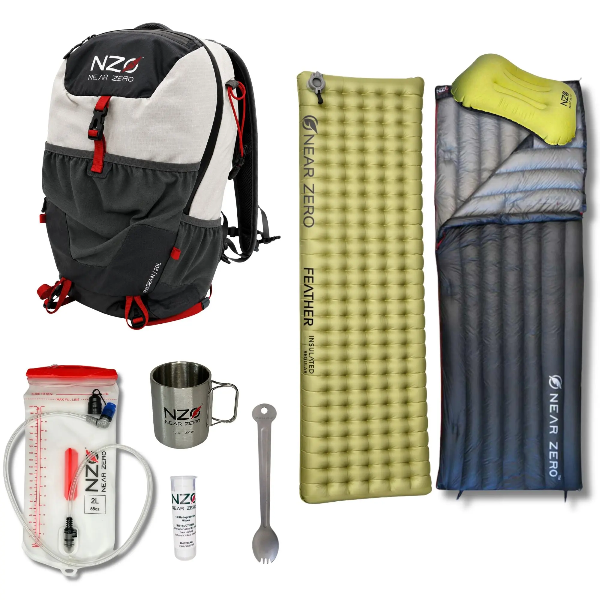 Mini Bundle - 8-Piece Ultralight Hiking Kit with Little DEAN 20L Backpack, Near Zero Sleeping Bag, Insulated Pad & More
