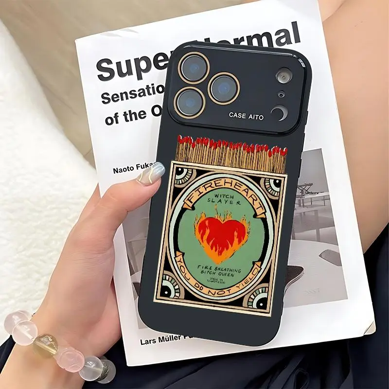 Flame, matchstick, and heart pattern phone case. Compatible with iPhone 17 Pro Max, 16 Pro Max, 15 Pro Max, and 14 Pro Max. Includes lens protection. Also compatible with iPhone 15, 14, 13, and 12. Made of skin-friendly TPU material.