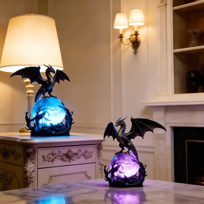 Mystical Dragon Night Light with Glowing Magic Orb, Fantasy Resin Figurine Desk Decor, Cool Gothic LED Ambient Lamp for Bedroom, Unique Holiday Birthday Gift for Dragon Lovers , Suitable For Bedroom, Living Room, Festival Parties, Collecting Hobbies
