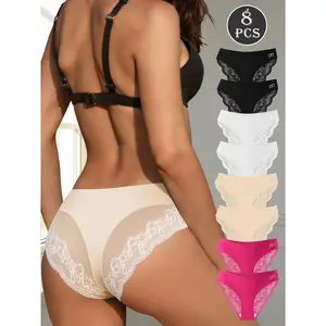 QUASTI 8-Pack Mid-Rise Seamless Spliced Lace Panties, Breathable Stretch Comfortable Fully Covered  Briefs, Basic Soft Hip Lifting Everyday Underwear for Women, S-XXL