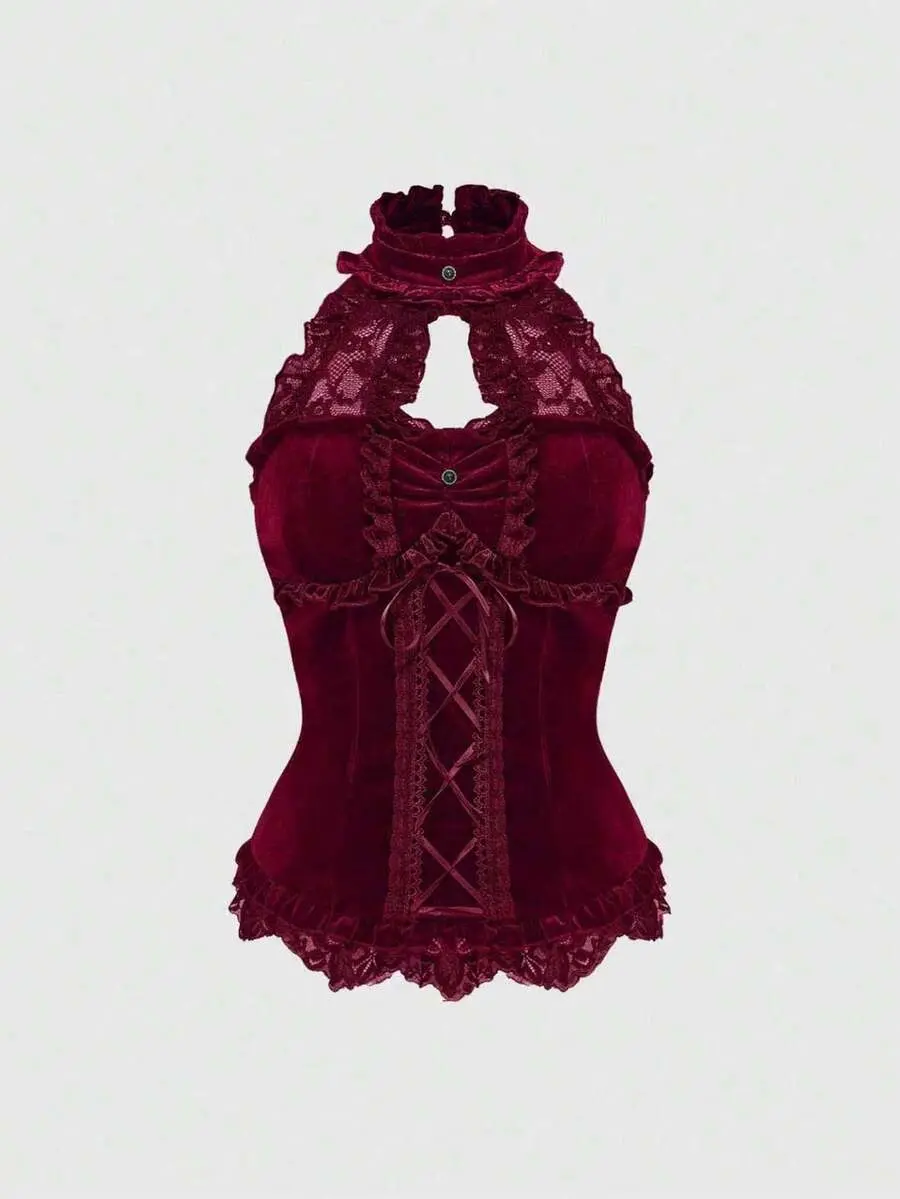 Fairycore Goth Velvet & Lace Stand Collar Tie-Up Camisole for Women, Goth Style, Gothic Style