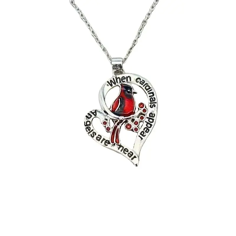 Stainless Steel Geometric Heart-Shaped Cardinal Pendant Necklace - Stainless Steel Jewelry with Symbolic Text, Unisex Wear Elegant Party Accessory & Housewarming Gift for Graduation men woman family friend favor ring