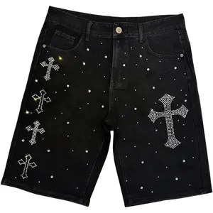 Men's Rhinestone Denim Shorts Frayed Raw Hem Straight Leg Jean Shorts Streetwear