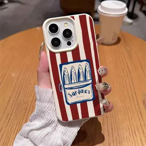 Vintage Retro Sardine Can Stripe Pattern Phone Case, Durable Floral Element Shockproof Case for iPhone 15 16 17 Series