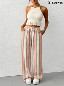 Women's Casual Fashion 2-Piece Set, Vertical Ribbed Knit Texture, Fringe Hem, High Waist Drawstring Wide Leg, Side Pockets, Slimming Effect