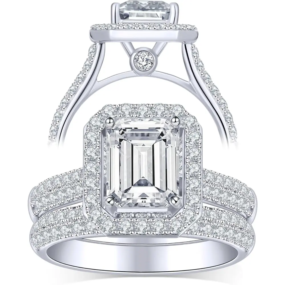S925 silver 2ct, 6 * 8 brilliant star emerald cut moissanite diamond ring set, luxurious inlaid halo design, capturing eternal love engagementrings Hypoallergenic