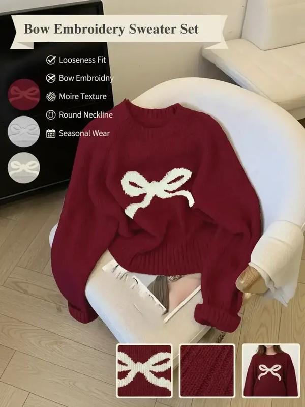 Elegant Women's Loose Bow Embroidered Moire Sweater, Casual Round Neck Long Sleeve Knitwear, Spring & Fall Fashion