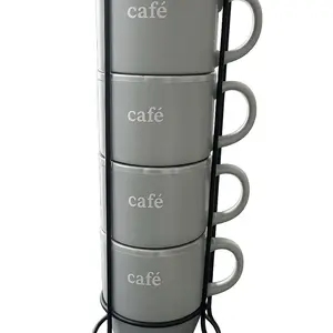 Café Brand 4 Coffee Mugs with Rack - Stackable Gray Mugs for Home or Office Use