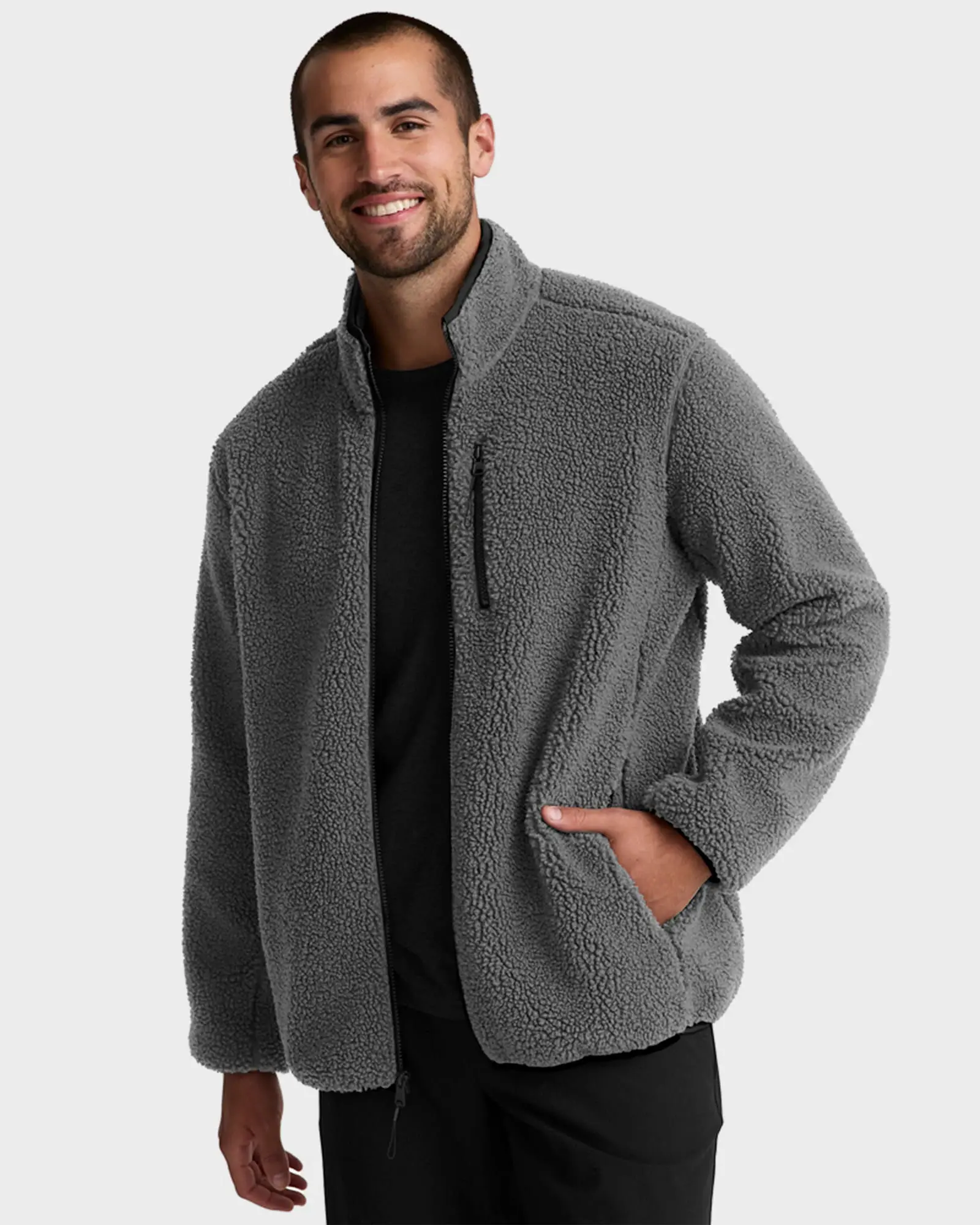 Men's Bouclé Fleece Jacket - Casual Full-Zip Outerwear with Stand Collar, Pockets and Accent Details