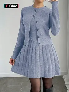 Elegant Women's Knit Dress Set, Round Neck Sleeveless Dress & Long Sleeve Cardigan, Buttoned Pleated Ruffle Design, Casual Elegance Chic, Spring & Fall Fashion