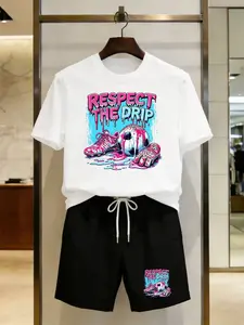 Men's Summer 2-Piece Set, Respect the Drip Graphic Design, Sporty Football Element, Fashionable Polyester, Heat-Resistant, Street Style