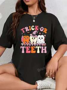 100% Cotton Unisex Funny Halloween Shirts Dentist Dental Squad Trick or Teeth T-Shirt Casual Graphic Printed Vintage Tshirt