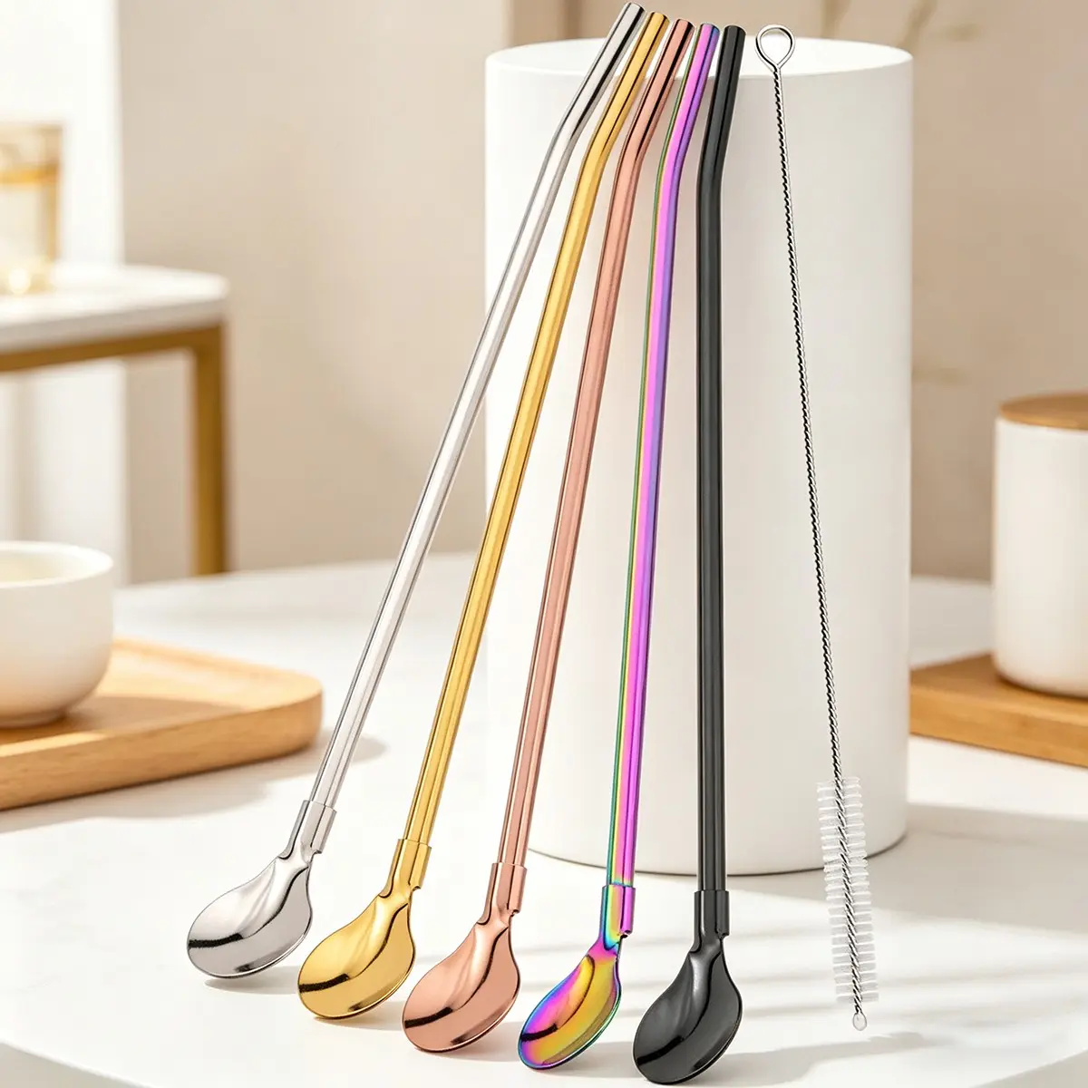 5-Pack 2-In-1 Straw and Spoon Set, 304 Stainless Steel Straws, Durable Metal Straw Kit with Cleaning Brush, Beverage Utensil, Ideal for Milk Tea, Juice, Coffee, Cocktails, Convenience, Drink Accessories