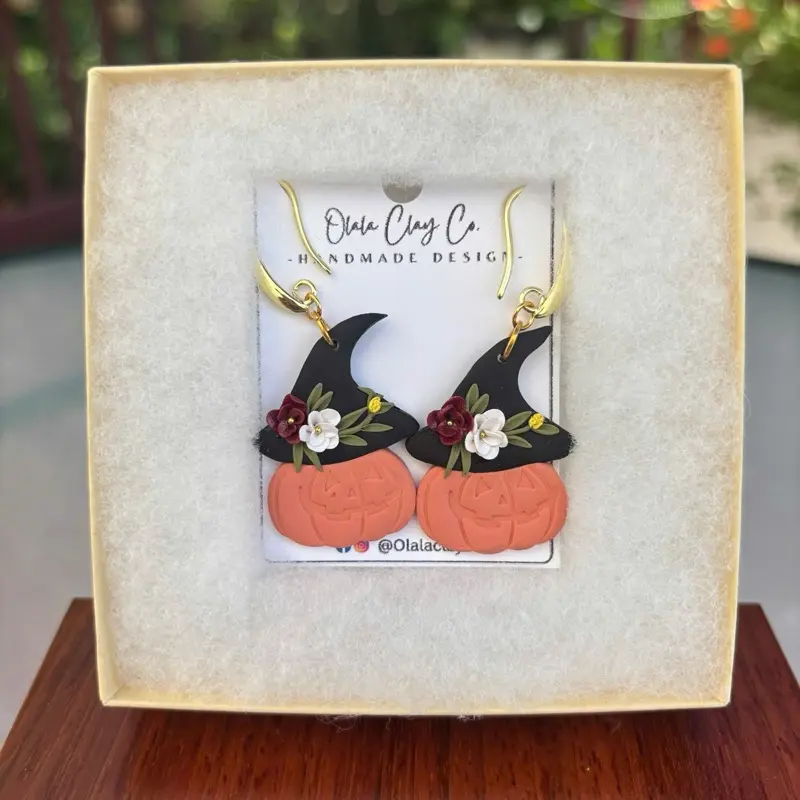 Olala Clay Co Handmade Polymer Clay Earrings Pumpkin & Witch Hat Design for Garage Sale Event 22272 Great Trail Sterling VA