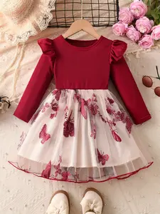 Girls' Long Sleeve Round Neck Casual Dress, Embroidered Tulle Princess Seraphina Dress for Special Occasions, Fitted Cartoon Pattern Design