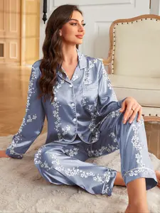Women's Long Sleeve Floral Printed Lapel Sleepwear Loungewear Set, Elegant Homecoming, All Season Wear, Fitted Design, Comfortable & Stylish