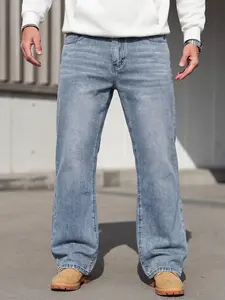 Men's Street Style Casual Denim Jeans, Loose Fit Straight Leg Jeans, Vintage Champagne Blue, Fashionable Daily Wear