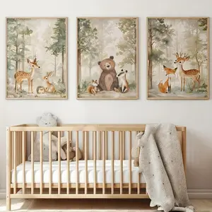 3pcs/set Frameless Forest Bear Giraffe Rabbit Nursery Canvas Print Wild Animal Jungle Painting Wall Art Poster for Boys Girls Room Home Decor