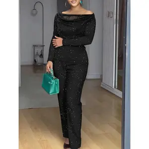 GGFL Women's Long Sleeve Lace Trim Top Set, Elegant Business Wide Leg Pants, 2 Piece for Office Wear, Stylish, Chic and Comfortable Outfit