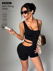 High Elasticity Long Sleeve Jumpsuit, Sporty Yoga Wear, Above Knee Length, All Seasons, Letters Pattern, Fitness and Leisure, Shaping Jumpsuit