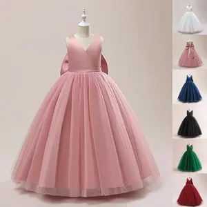 505 Kids Clothes Pink Big Bow Princess Long Ball Gown Children Formal Evening Party Pageant Prom Host Dress White Flower Girls 1-12Y