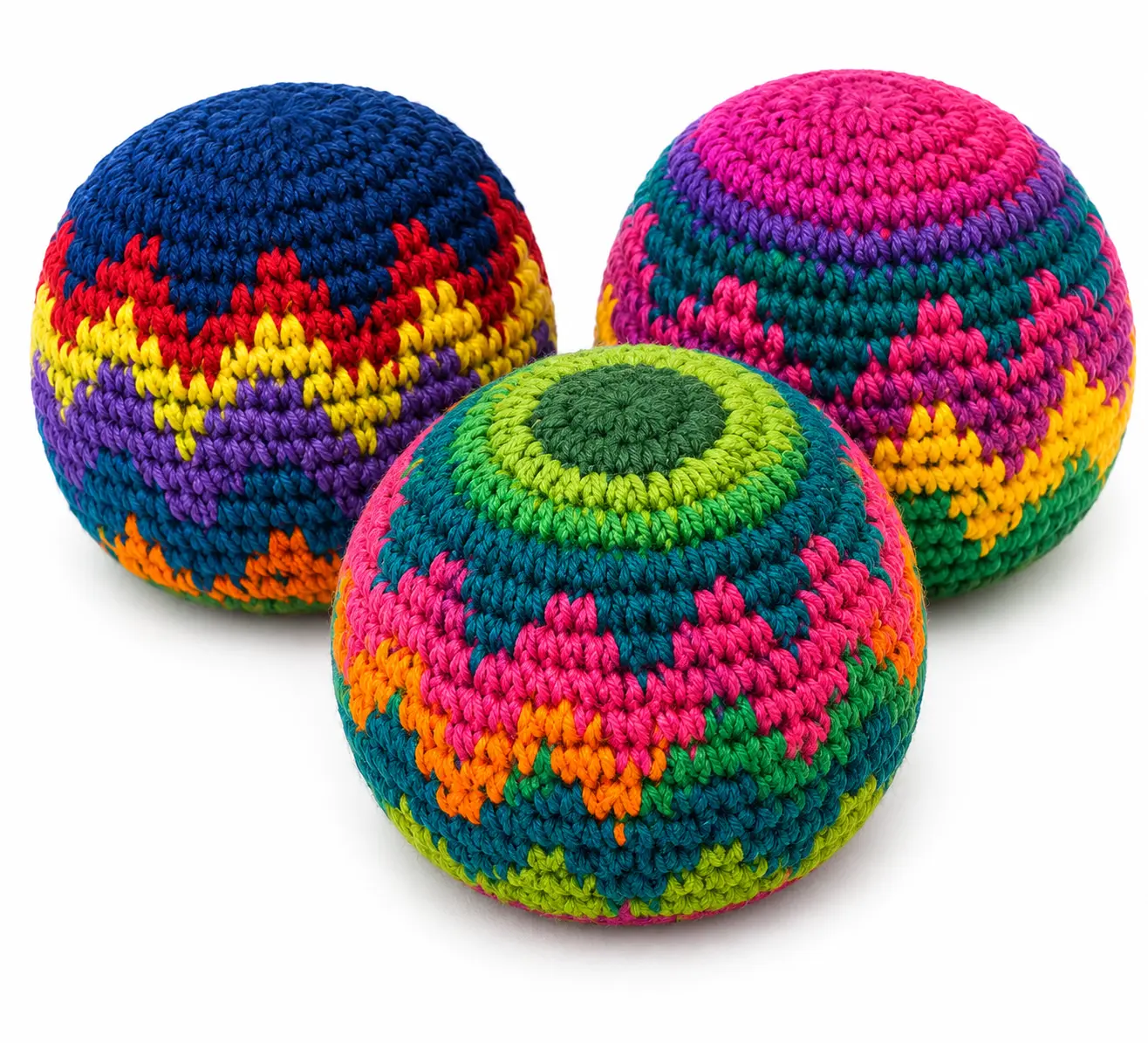 Adult Crochet Hacky Sacks - 3PCS Hand-Made Knitted Footbags with Geometric Patterns, for Coordination Training, Stress Relief