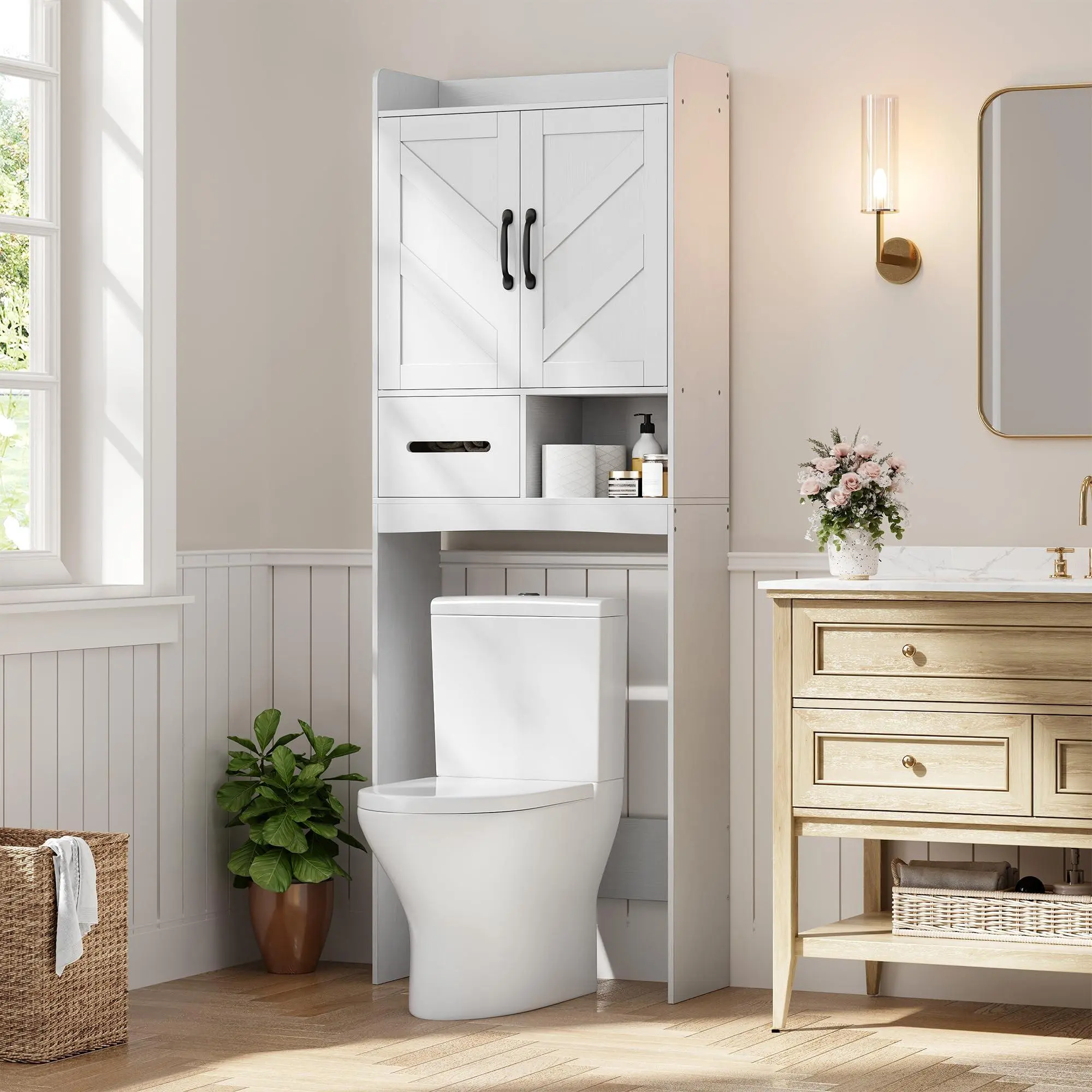Over the Toilet Storage Cabinet,Freestanding Bathroom Organizer with Adjustable Shelf,Home Space-Saving Toilet Rack for Bathroom, Toilet, Laundry Room,White
