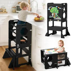 4 in-1 Toddler Kitchen Step Stool, Foldable Learning Standing Tower with Blackboard, Wooden Kitchen Stool Helper for Kids, 1-3 Year Old Boy Girl Gifts - Black