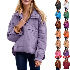 Women's oversized down jacket, quilted Dolman hoodie, pullover, long sleeved lightweight warm top with large chest pocket, casual autumn and winter coat # TikTokShop