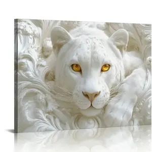 2D Wrapped Frame Canvas Painting - Stunning White Tiger with Gold Embellishments Wall Art for Valentine's Day Presidents Day Living Room Home Dorm Design 12x16 16x24 20x30 24x36 Inch
