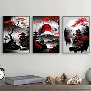 Comic Chinese Landscape Pattern Canvas Painting without Frame (3pcs/set), Vintage Ink Art Wall Art Print for Living Room Bedroom Home Decor, Wall Art for Home and Office Wall Decor, Room Decor, Interior