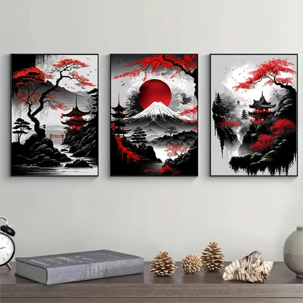 Comic Chinese Landscape Pattern Canvas Painting without Frame (3pcs/set), Vintage Ink Art Wall Art Print for Living Room Bedroom Home Decor, Wall Art