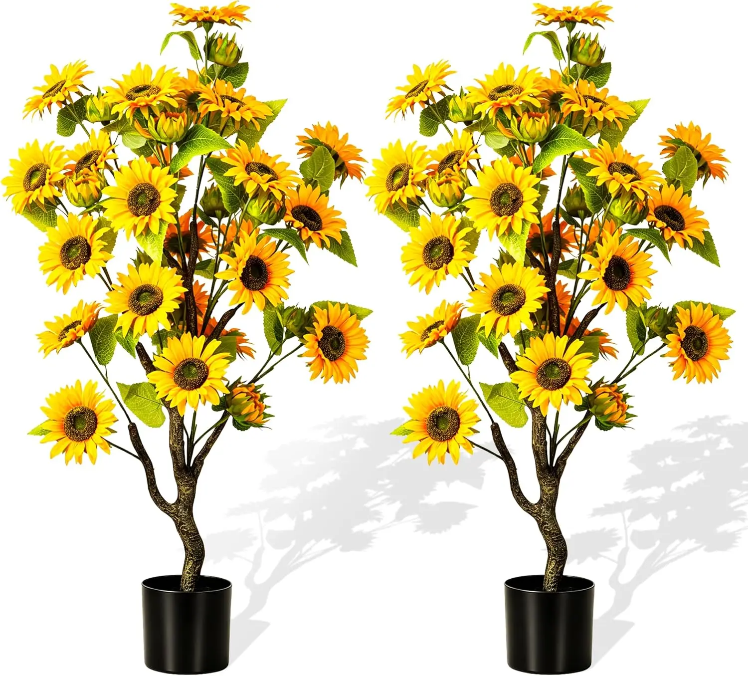 4FT Set of 2  Artificial Potted Sunflower Trees, UV Protected Faux Sunflower Floor Plant, Lifelike Fake Flower Tree for Indoor Living Room, Porch, Patio & Garden Decor, Low Maintenance No Water Required