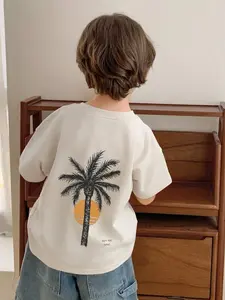 1pc Boys' Soft Short Sleeve T-Shirt with Tropical Palm Tree Print - Lightweight Breathable Round Neck Summer Beach Tee for Kids 3-13 Years, Casual Vacation Outfit with Random Tropical Pattern, All-Season Fit for Pool & Casual Attire