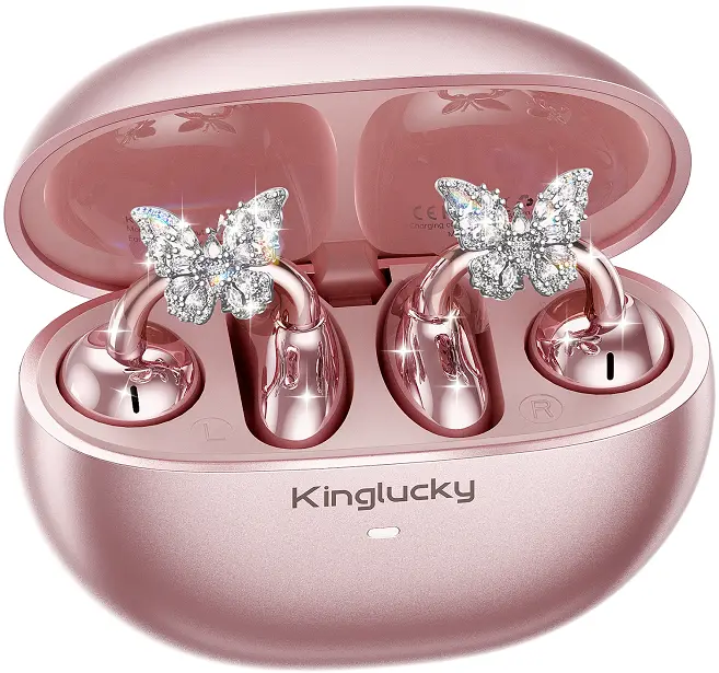 Kinglucky Women's Stylish Open-Ear Clip-On Audio Headphones - Lightweight, Comfortable Fit, Fashionable Earbuds Ideal for Work, Running - Pink (Butterfly)