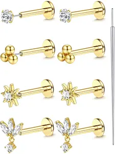 Gold Plated Threadless Flat Back Earrings, 316L Surgical Steel Hypoallergenic Push in Nose Studs, Cz Tragus Cartilage Jewelry, Body Piercing Jewelry