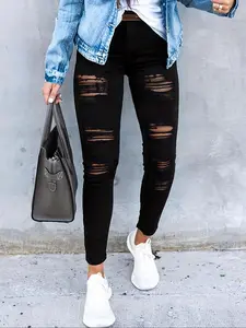 Women's Fashionable Denim Jeans Slim Fit Everyday Casual Pants, Stylish Ripped Design, Perfect for All Seasons, Plain Pattern, Comfortable Wear
