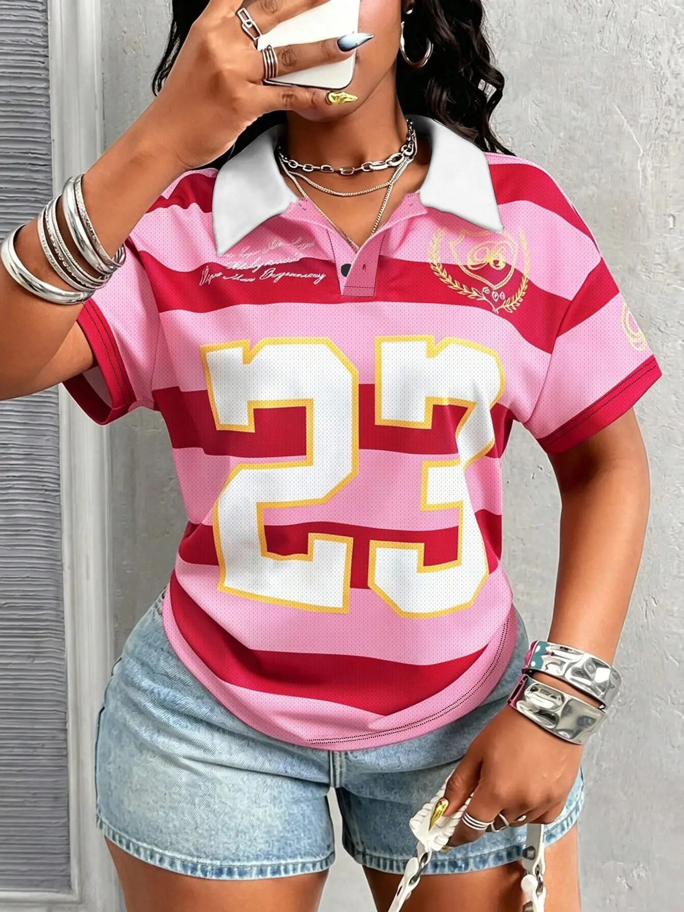 Women's Street Style Striped Polo Shirt, Oversized Loose Fit, Contrast Color Design, Summer Fashion, Comfortable Everyday Casual Top, Ideal for Daily Wear, Streetwear