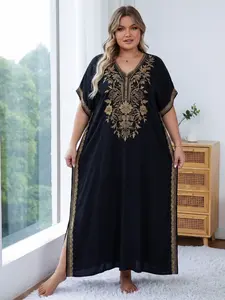 EDOLYNSA kaftan dresses women's beach wear Black robe embroidered lounge wear seaside daily wear caftan casual relaxed bathing suit cover up Homewear Q1642