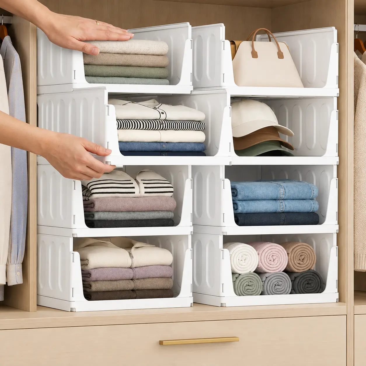 Lifewit Stackable Closet Organizer Shelf- Deep Rectangular Plastic Storage Bins, Stackable Cubes Open Storage Bins for Clothes, Sweaters, Home Supplies Organization