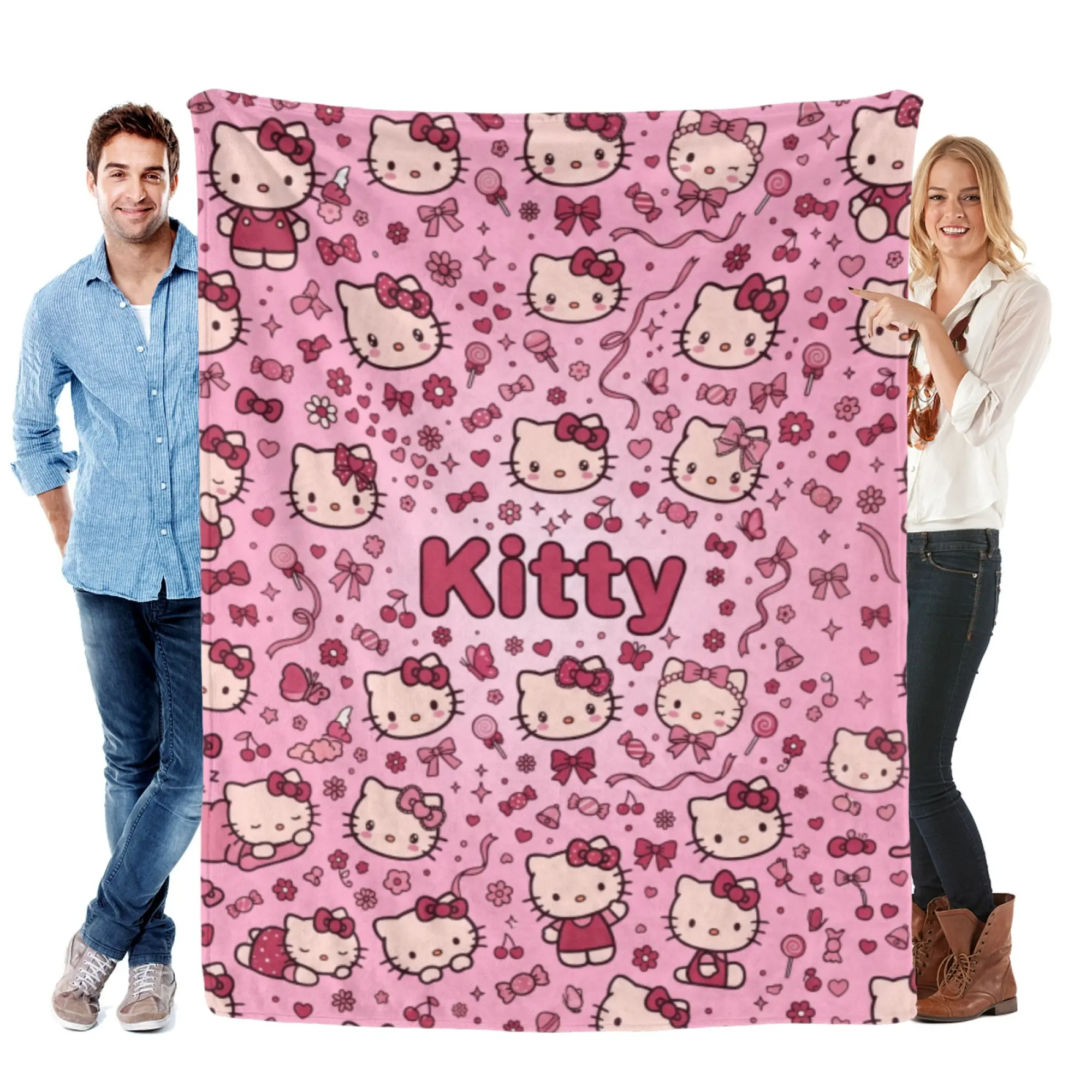 [SummerVibes] SANRIO Hello Kitty Soft Flannel Blanket, Vibrant Pink Kawaii All-Over Print, Cozy Y2K Room Decor for Couch, Bed & Travel