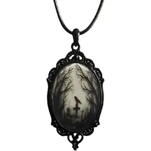 Glass Pendant Necklace Jewelry Raven Cross  - Vintage Gothic Rope Chain Crow Choker - Mystic Witch Costume Jewelry Gift Accessories
