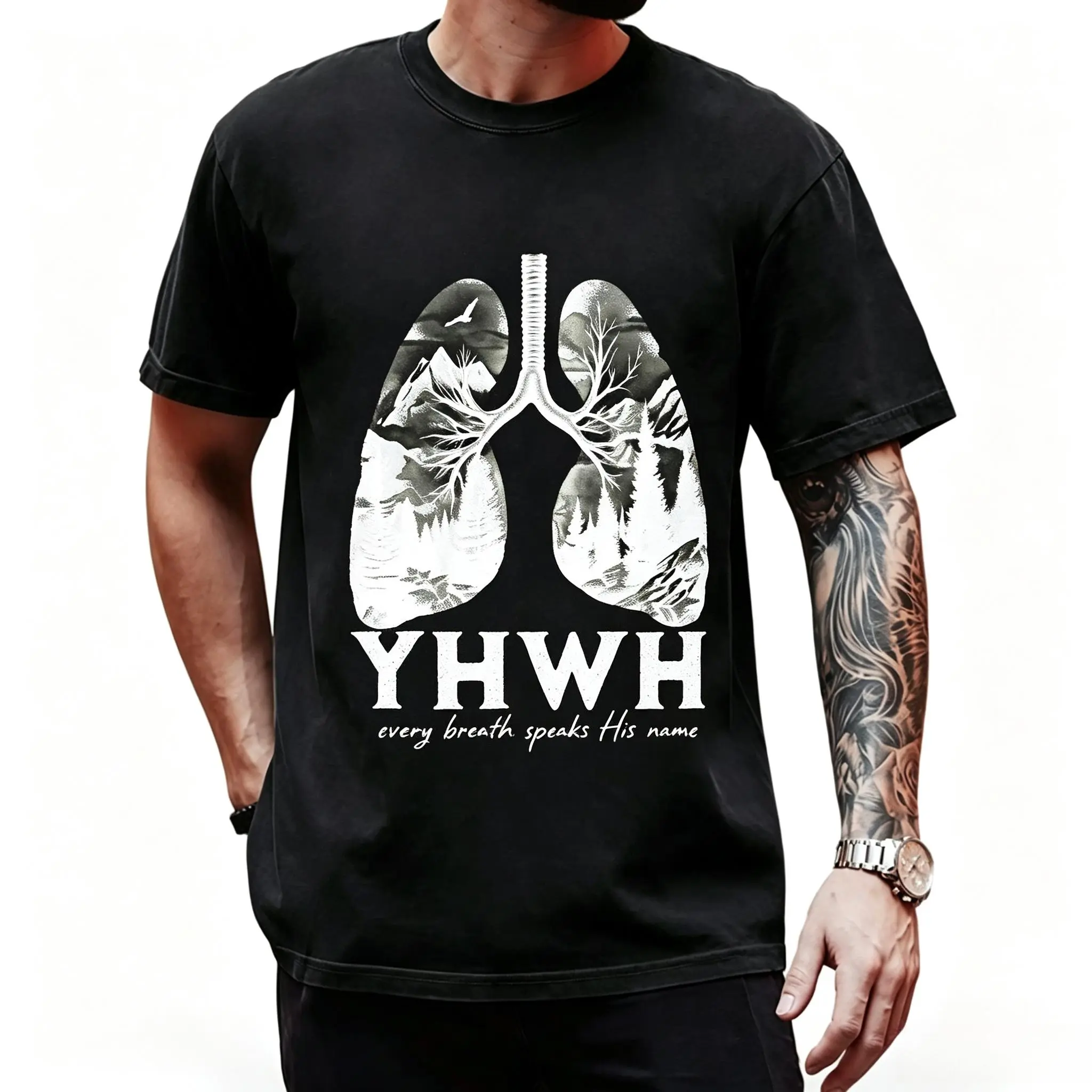 Men's Oversized Short-Sleeve Cotton Fabric YHWH Christian T-Shirt - Casual Classic Jesus Tee, Christian Apparel Streetwear, Gym Pump Cover